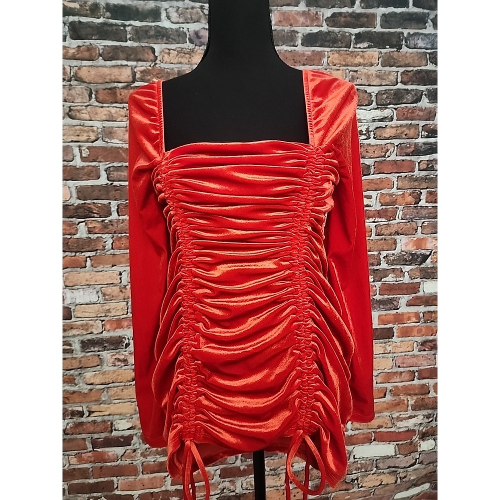 Red Velvet Dress XL Top Long Sleeve Ruched Stretch Goth Witch Devilcore Festival